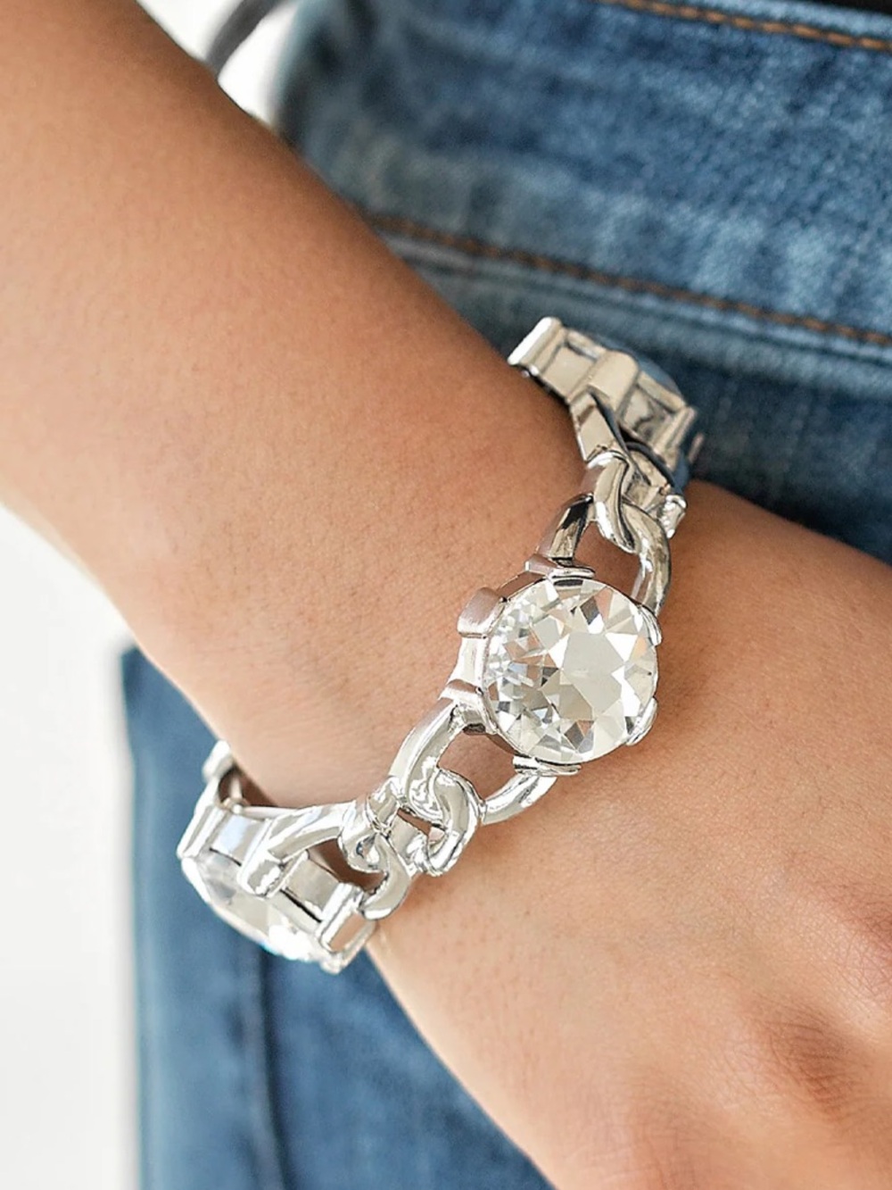 Chunky Silver Chain Stretch Bracelet with Large Crystal Accents